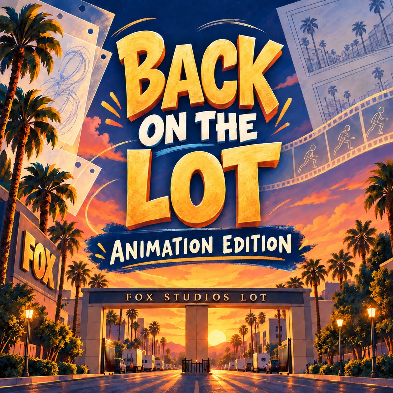 Back on the Lot: Animation Edition — sunset view down the palm-tree-lined entrance gate of the Fox Studios Lot, with storyboard and film-strip art framing a golden hour sky