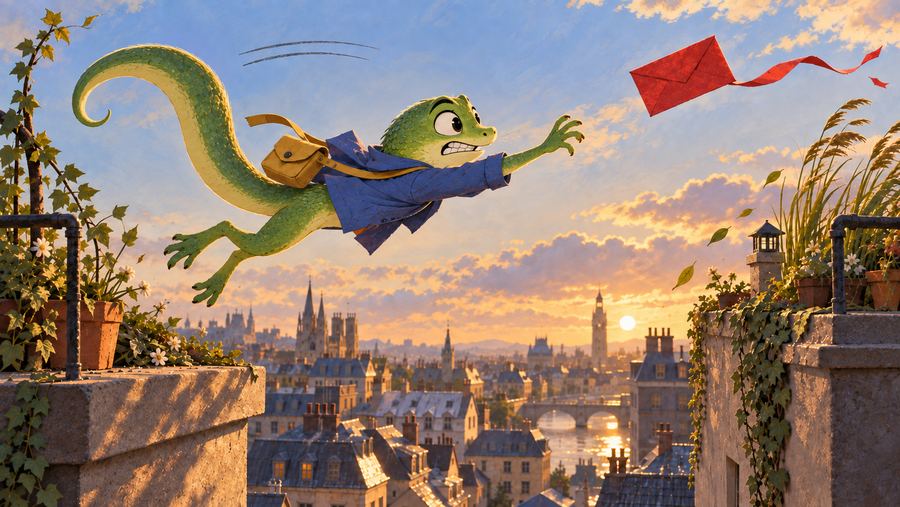2D animated lizard courier in a blue coat leaping across rooftops at sunset, reaching for a flying red letter over a European city skyline