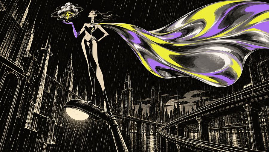Scratchboard-style illustration of a chrome-caped superhero conjuring a storm cloud atop a lamppost over a noir city skyline