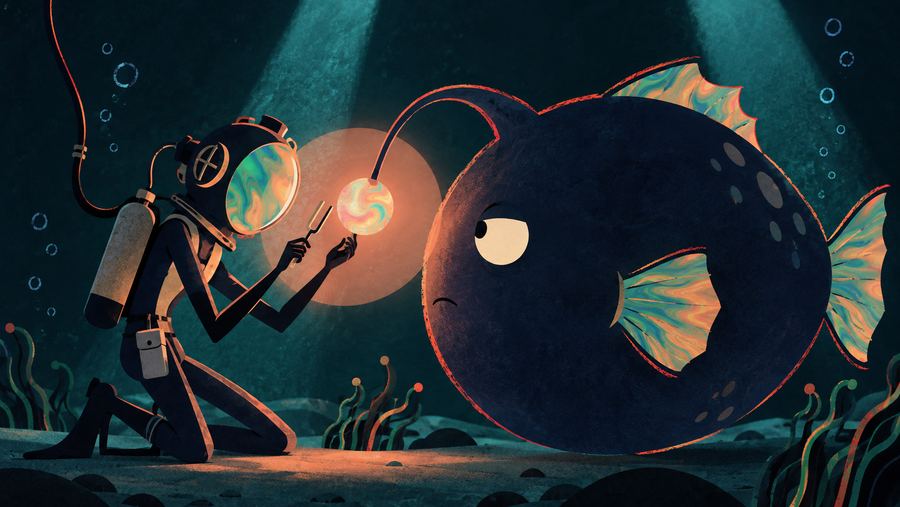 Illustrated deep-sea diver holding a glowing light up to a curious anglerfish