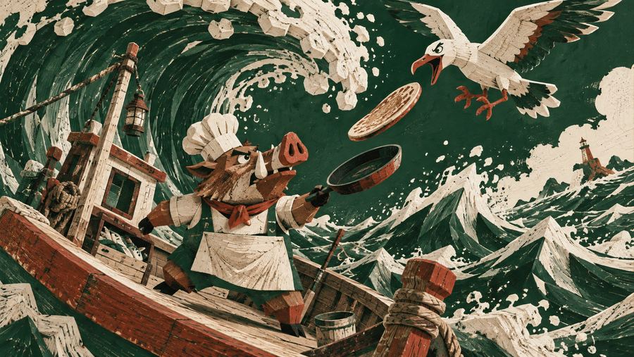 Woodcut-style illustration of a boar ship's chef flipping a pancake for a seagull during a stormy sea voyage