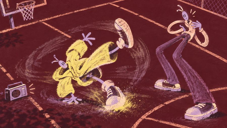 Chalk-drawn breakdancers spinning on an outdoor basketball court, in an erased-chalk animation style