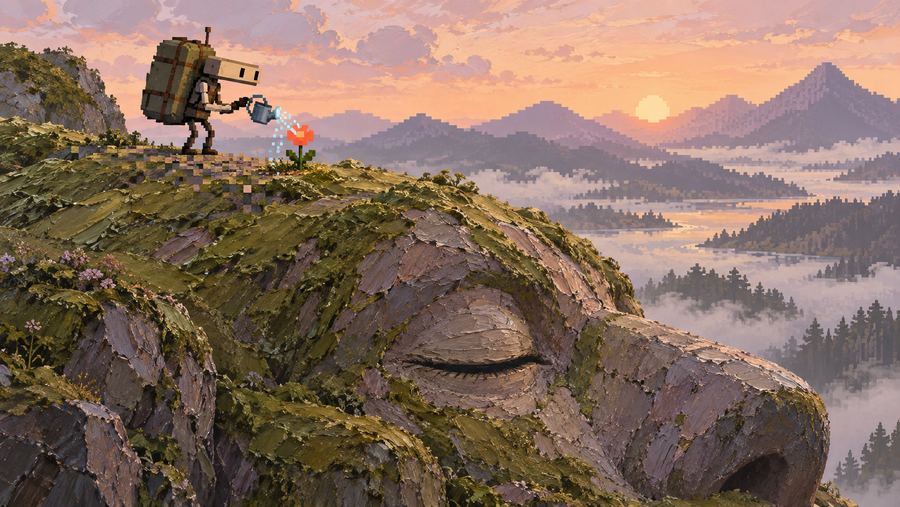 Pixel-art robot gardener watering a flower on a mossy mountain ridge shaped like a sleeping creature, at sunset