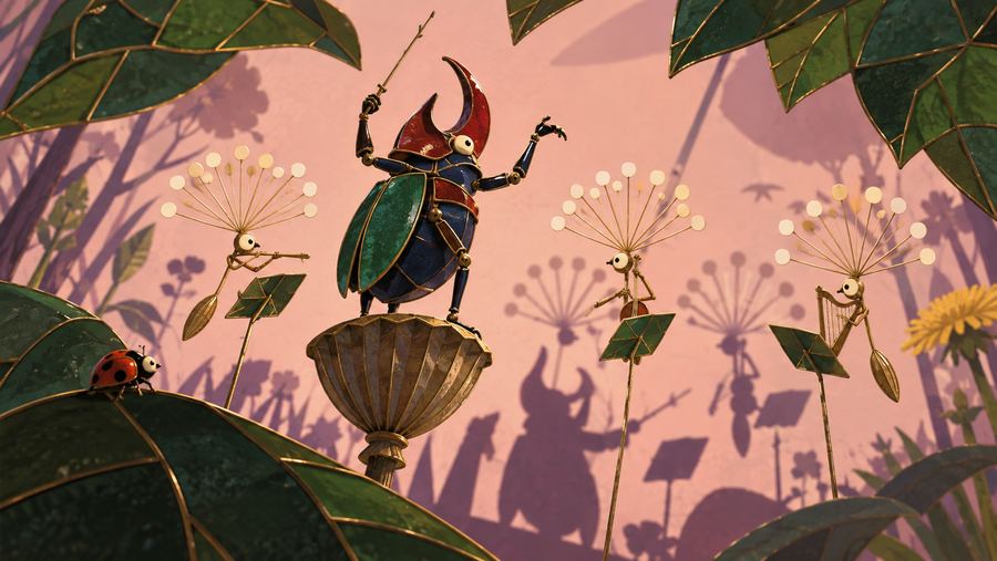 Stained-glass stop-motion illustration of an ornate beetle conducting an insect orchestra among leaves
