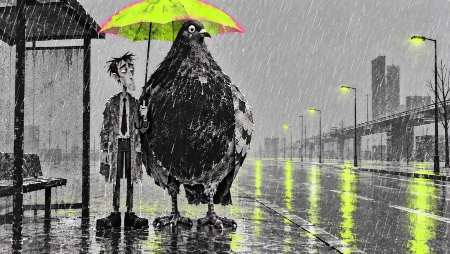 Rotoscoped noir-style illustration of a man and an oversized pigeon sharing a neon umbrella at a rain-soaked bus stop
