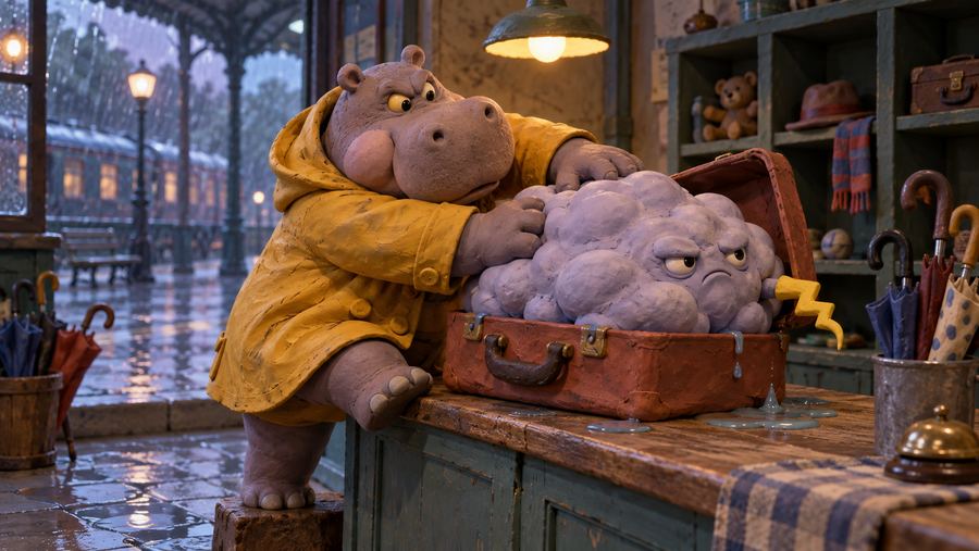 Claymation-style hippo in a raincoat gently coaxing a grumpy storm cloud out of a suitcase at a rainy train station