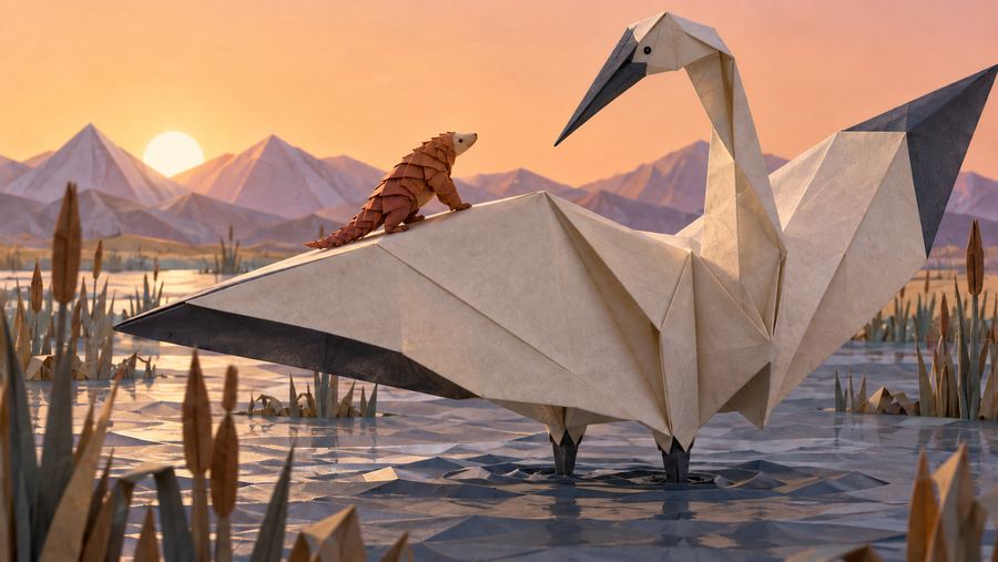 Origami-style pangolin perched on the back of a giant paper crane wading through a wetland at sunset